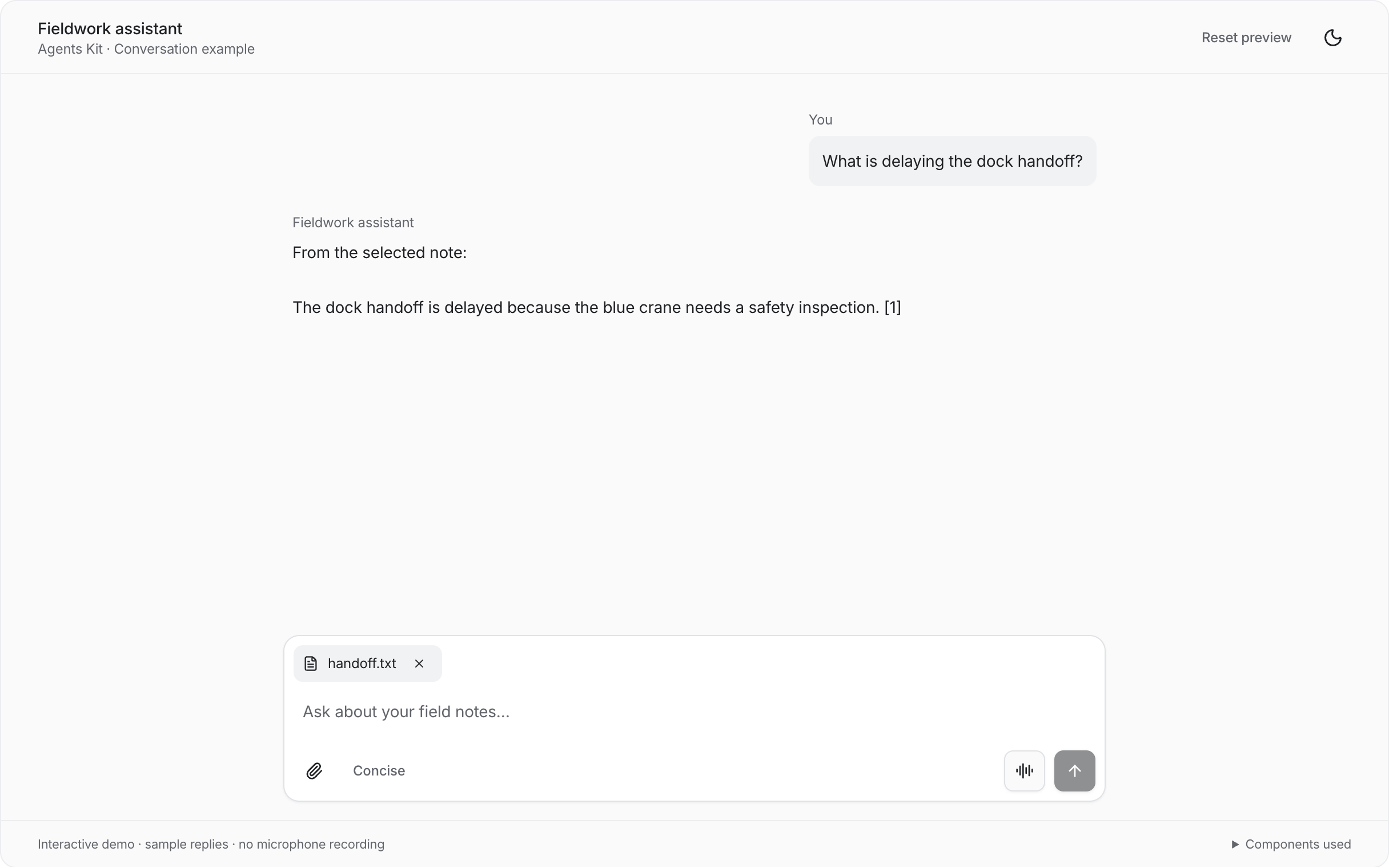 Fieldwork conversation built with Agents Kit
